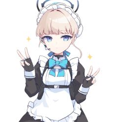 Rule 34 | 1girl, ao (mintz), apron, black gloves, blonde hair, blue archive, blue bow, blue bowtie, blue eyes, blue ribbon, bow, bowtie, closed mouth, commentary, double v, earpiece, fingerless gloves, frilled apron, frills, gloves, hair ribbon, halo, long sleeves, looking at viewer, maid, maid headdress, ribbon, short hair, simple background, solo, star (symbol), symbol-only commentary, toki (blue archive), upper body, v, white apron, white background