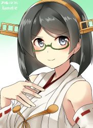 Rule 34 | &gt;:), 10s, 1girl, artist name, bare shoulders, black hair, blue eyes, blush, breasts, close-up, closed mouth, commentary request, dated, detached sleeves, eyebrows, eyelashes, glasses, gradient background, green-framed eyewear, hand on own chest, headgear, highres, japanese clothes, kamelie, kantai collection, kimono, kirishima (kancolle), kirishima kai ni (kancolle), long sleeves, looking at viewer, medium breasts, nontraditional miko, one-hour drawing challenge, parted bangs, red ribbon, ribbon, ribbon-trimmed sleeves, ribbon trim, semi-rimless eyewear, short hair, sleeveless, sleeveless kimono, smile, solo, under-rim eyewear, v-shaped eyebrows, white kimono