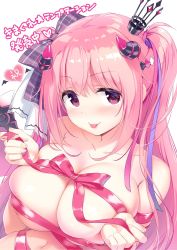 Rule 34 | 1girl, :p, anneliese, areola slip, blush, breasts, cleavage, collarbone, covered erect nipples, hair ornament, hair ribbon, highres, horns, kimagure temptation, kimishima ao, large breasts, long hair, looking at viewer, naked ribbon, pink hair, plaid, purple eyes, ribbon, smile, solo, tongue, tongue out, white background