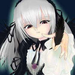 Rule 34 | 00s, feathers, highres, ishikkoro, long hair, red eyes, rozen maiden, silver hair, solo, suigintou