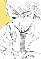 Rule 34 | 10s, 1boy, drinking straw, eating, face, highres, kaburagi t. kotetsu, looking down, male focus, monochrome, necktie, sketch, solo, tiger &amp; bunny, tongue, tongue out, usada usako