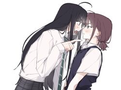 Rule 34 | 2girls, ahoge, awa subaru, black hair, blue eyes, blue sweater vest, blush, bobosong 9, brown hair, closed mouth, collared shirt, commentary request, diagonal-striped clothes, diagonal-striped necktie, dress shirt, eye contact, girls band cry, green necktie, grey skirt, highres, iseri nina, korean commentary, long hair, long sleeves, looking at another, low twintails, multiple girls, necktie, open mouth, plaid, plaid skirt, purple eyes, school uniform, shirt, shirt tucked in, short hair, short sleeves, short twintails, sidelocks, simple background, skirt, striped clothes, sweat, sweatdrop, sweater vest, teeth, twintails, upper body, upper teeth only, white background, white shirt