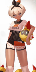 Rule 34 | 1girl, bea (pokemon), black bodysuit, black hairband, blonde hair, bodysuit, bodysuit under clothes, bow hairband, closed mouth, collared shirt, commentary request, creatures (company), falinks, game freak, gen 8 pokemon, grey eyes, hair between eyes, hairband, highres, holding, holding pokemon, knee pads, nintendo, nuneno, pokemon, pokemon (creature), pokemon swsh, print shirt, print shorts, shirt, short hair, short sleeves, shorts, side slit, side slit shorts, standing