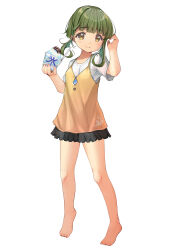 Rule 34 | 1girl, absurdres, alternate costume, barefoot, black skirt, bob cut, camisole, casual, food, full body, green hair, highres, kantai collection, layered clothes, shaved ice, shirt, short hair, short hair with long locks, sidelocks, simple background, skirt, sky, smile, solo, t-shirt, takanami (kancolle), white background, white shirt, yashin (yasinz), yellow camisole, yellow eyes