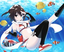 Rule 34 | 10s, 1girl, adapted costume, black socks, brown eyes, brown hair, elbow gloves, fingerless gloves, fish, gloves, ica, jewelry, kantai collection, kneehighs, ring, scarf, sendai (kancolle), sendai kai ni (kancolle), short hair, single kneehigh, single sock, single thighhigh, smile, socks, solo, thighhighs, two side up, underwater, wedding band, white scarf