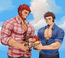 Rule 34 | 2boys, ^ ^, alternate costume, bara, beard, black pants, blue eyes, blue shirt, blue sky, blush, brown hair, cape, character doll, closed eyes, cloud, cloudy sky, collared shirt, commission, contemporary, couple, cowboy shot, cross scar, dark-skinned male, dark skin, denim, doll, epaulettes, facial hair, fate/grand order, fate (series), fringe trim, fur-trimmed cape, fur trim, goatee, grey pants, hair slicked back, happy, highres, holding, holding doll, interracial, iskandar (fate), jacket, jeans, kirovskiii, large pectorals, leather, leather jacket, long sideburns, looking away, male focus, mature male, military, military uniform, multiple boys, muscular, muscular male, napoleon bonaparte (fate), open clothes, open shirt, pants, partially unbuttoned, pectoral cleavage, pectorals, red cape, red hair, red shirt, scar, scar on chest, shirt, shirt rolled up, short hair, sideburns, sky, thick eyebrows, uniform, yaoi