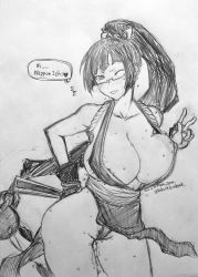 Rule 34 | 1girl, blazblue, breasts, cosplay, fatal fury, highres, large breasts, litchi faye ling, monochrome, pubic hair, shiranui mai (cosplay), sweat