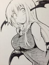Rule 34 | 1girl, arms behind back, bat wings, blush, breasts, chata maru (irori sabou), collared shirt, demon girl, female focus, greyscale, head wings, koakuma, large breasts, leaning forward, long hair, looking at viewer, low wings, monochrome, necktie, photo (medium), shirt, simple background, sketch, smile, solo, touhou, traditional media, upper body, vest, white background, wings