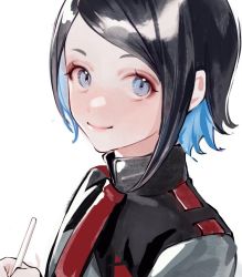 Rule 34 | 1girl, asticassia school uniform, black hair, blue eyes, blue hair, colored inner hair, from side, green jacket, gundam, gundam suisei no majo, hair behind ear, highres, holding, holding pen, jacket, laun 000, looking at viewer, multicolored hair, nika nanaura, pen, portrait, school uniform, short hair, simple background, smile, solo, white background
