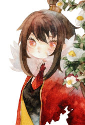 Rule 34 | 1girl, black vest, blouse, brown hair, collared shirt, eyebrows hidden by hair, flower, highres, library of ruina, mochigome 138, necktie, open clothes, open robe, orange eyes, painting (medium), parted lips, project moon, red necktie, red robe, robe, shirt, solo, traditional media, vest, watercolor (medium), white background, white shirt, xiao (project moon)