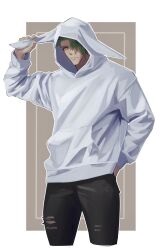 Rule 34 | 1boy, absurdres, achilles (fate), animal ear headwear, animal ear hood, black pants, border, closed mouth, fake animal ears, fate/grand order, fate (series), frown, green hair, hair over one eye, hand in pocket, haruakira, highres, hood, hood up, hoodie, long sleeves, looking at viewer, male focus, mature male, pants, solo, torn clothes, torn pants, white border, white hoodie, yellow eyes
