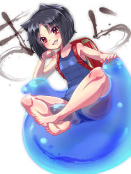 Rule 34 | 1girl, :d, animal ears, arcana heart, backpack, bag, bare legs, barefoot, black hair, blue one-piece swimsuit, blush, breasts, cat ears, character name, daidouji kira, fang, hand up, looking at viewer, one-piece swimsuit, open mouth, rabittofaa, randoseru, red eyes, school swimsuit, short hair, sitting, small breasts, smile, solo, swimsuit, white background