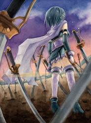 Rule 34 | 10s, 1girl, armband, back, blue hair, blurry, cape, depth of field, field of blades, fortissimo, gloves, hair ornament, hairclip, highres, mahou shoujo madoka magica, mahou shoujo madoka magica (anime), mahou shoujo madoka magica movie 1 &amp; 2, miki sayaka, multiple swords, musical note, musical note hair ornament, panties, pantyshot, roreru, short hair, solo, sword, thighhighs, underwear, weapon, zettai ryouiki