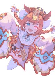 Rule 34 | agnes digital (lovely jiangshi) (umamusume), agnes digital (umamusume), alternate costume, animal ears, blue eyes, braid, commentary request, detached sleeves, glowing, glowing eye, hat, highres, horse ears, horse girl, horse tail, incoming attack, jiangshi, long hair, open mouth, stella (stella), tail, talisman, thighhighs, twin braids, umamusume, white background