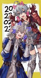 Rule 34 | 1boy, 1girl, ahoge, alisaie leveilleur, alphinaud leveilleur, animal ears, artist name, belt, blue coat, blue eyes, boots, buttons, cat day, cat ears, claw pose, coat, collared shirt, commentary, dated, earclip, elezen, elf, closed eyes, fake animal ears, final fantasy, final fantasy xiv, fingerless gloves, gloves, grey footwear, grey gloves, grey hair, grey shirt, grey shorts, hair between eyes, hands up, highres, jacket, jewelry, long sleeves, looking at viewer, open mouth, pendant, pointy ears, red gloves, red jacket, shirt, shorts, siblings, signature, thigh boots, thighhighs, twins, two-tone background, whiskers, yum0811