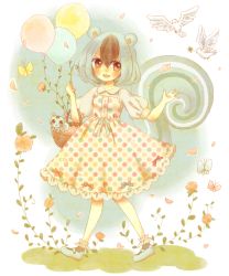 Rule 34 | 1girl, animal crossing, animal ears, balloon, basket, bird, black hair, blush, brown eyes, bug, butterfly, dress, flower, green hair, hiyori (comorebiyori), bug, leaf, mint (animal crossing), multicolored hair, nintendo, open mouth, personification, petals, simple background, solo, squirrel ears, squirrel tail, tail, two-tone hair, white background