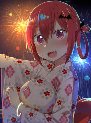 Rule 34 | 1girl, :3, :d, absurdres, arm up, backlighting, bangle, bat hair ornament, blush, bracelet, commentary request, fang, fireworks, floral print, from side, gabriel dropout, glowing, greatmosu, hair between eyes, hair ornament, hair rings, highres, japanese clothes, jewelry, kimono, long sleeves, looking at viewer, night, obi, open mouth, outdoors, pink eyes, purple eyes, red hair, sash, satanichia kurumizawa mcdowell, short hair, smile, solo, tareme, upper body, white kimono, wide sleeves, yukata