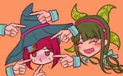 Rule 34 | 2girls, :d, blush, brown eyes, chabashira tenko, closed eyes, cropped head, danganronpa (series), danganronpa v3: killing harmony, drooling, green hat, hairband, hat, highres, multiple girls, open mouth, red background, red hair, red hairband, short hair, smile, sweat, witch hat, youko-shima, yumeno himiko