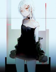 Rule 34 | 1girl, black choker, black dress, black jacket, choker, commentary request, cowboy shot, dress, hair between eyes, hair ornament, hairclip, jacket, looking at viewer, off shoulder, original, parted lips, solo, standing, strap slip, tlla, white hair