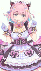 Rule 34 | 1girl, @ @, ahoge, bad id, bad pixiv id, black ribbon, blue hair, blush, bow, braid, breasts, cleavage, cleavage cutout, clothing cutout, commentary, dot nose, dress, fangs, frilled gloves, frilled ribbon, frills, gloves, hair bow, hair ornament, hair ribbon, hands up, heart, highres, idolmaster, idolmaster cinderella girls, idolmaster cinderella girls starlight stage, large breasts, multicolored hair, neck ribbon, official alternate costume, open mouth, pink hair, pink ribbon, plaid, plaid bow, raised eyebrows, ribbon, sateto (user knrf2332), simple background, single braid, skull and crossbones, sleeveless, sleeveless dress, star (symbol), star hair ornament, two-tone hair, yellow bow, yellow ribbon, yumemi riamu