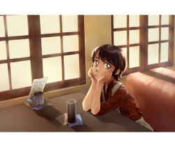 Rule 34 | 1girl, apron, backlighting, brown eyes, brown hair, cafe, drink, drinking straw, dripping, elbows on table, head rest, indoors, jnr.btts, letterboxed, mouth hold, ninomiya emi, plaid, rough (manga), salt shaker, short hair, sitting, solo, table, window