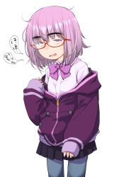 Rule 34 | 1girl, alternate breast size, bags under eyes, black skirt, bob cut, bow, bowtie, collared shirt, cowboy shot, d:, eyebrows, flat chest, glasses, grey pantyhose, gridman universe, hair between eyes, half-closed eyes, hand up, hood, hood down, hooded jacket, hunched over, jacket, jimiko, light purple hair, long sleeves, looking at viewer, messy hair, miniskirt, mismatched eyebrows, nervous, off shoulder, open mouth, pantyhose, pink eyes, pleated skirt, pocket, puffy long sleeves, puffy sleeves, purple bow, purple bowtie, purple hair, purple jacket, red-framed eyewear, ryoumoto hatsumi, sanpaku, school uniform, semi-rimless eyewear, shinjou akane, shirt, short hair, simple background, skirt, sleeves past wrists, solo, speech bubble, ssss.gridman, standing, sweat, thick eyebrows, translation request, under-rim eyewear, wavy mouth, white background, white shirt, wing collar, zipper, zipper pull tab