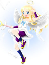 Rule 34 | 1other, angel, blonde hair, blue eyes, crimvael, dress, halo, holding, holding staff, ishuzoku reviewers, long hair, ricky (pixiv57693), shorts, smile, solo, staff, teeth, white dress, wings