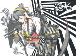 Rule 34 | 10s, 1girl, bad id, bad pixiv id, black footwear, black hair, black thighhighs, boots, brown eyes, camouflage, character name, dazzle paint, detached sleeves, electric guitar, gibson, gibson les paul, guitar, hair ornament, tucking hair, hairband, hairclip, haruna (kancolle), headgear, instrument, japanese clothes, kantai collection, long hair, looking at viewer, ninimo nimo, nontraditional miko, skirt, smile, solo, striped, striped background, thigh boots, thighhighs, weapon, zettai ryouiki