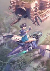 Rule 34 | 1girl, aircraft, airplane, airship, bridge, dirigible, dmitry popov, duplicate, fingerless gloves, flying, gloves, highres, isle of winds, original, outdoors, panties, river, scenery, ship, solo, sword, underwear, water, watercraft, weapon, yumi (isle of winds)