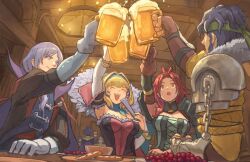 Rule 34 | 2boys, 2girls, alcohol, balthus von albrecht, bandana, beer, beer mug, blonde hair, bread, breasts, closed eyes, constance von nuvelle, corset, cup, fire emblem, fire emblem: three houses, fire emblem warriors: three hopes, food, fruit, grapes, green bandana, green little, hapi (fire emblem), indoors, large breasts, long hair, medium hair, mug, multicolored hair, multiple boys, multiple girls, nintendo, official alternate costume, open mouth, purple eyes, purple hair, red eyes, red hair, tavern, two-tone hair, yuri leclerc