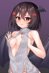 Rule 34 | 1girl, absurdres, areola slip, backless dress, backless outfit, bare arms, bare shoulders, black wings, blush, breasts, breasts squeezed together, brown hair, cleavage, cleavage cutout, closed mouth, clothing cutout, commentary request, covered navel, cowboy shot, demon girl, demon wings, dress, gradient background, grey dress, grey sweater, hair ornament, head wings, highres, looking at viewer, medium breasts, meme attire, nail polish, original, pizza (pizzania company), purple background, red eyes, red nails, short hair, smile, smug, solo, sweater, sweater dress, v-shaped eyebrows, virgin killer sweater, wings
