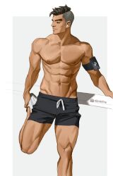 Rule 34 | 1boy, abs, alleveolive, artist name, asymmetrical hair, black hair, craig cahn, digital media player, dream daddy: a dad dating simulator, earbuds, earphones, highres, large pectorals, male focus, muscular, muscular male, navel, nipples, pectorals, short hair, sidecut, solo, standing, standing on one leg, stretching, thick eyebrows, topless male, undercut, veins, white background