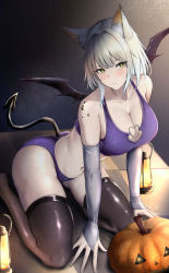 Rule 34 | 1girl, absurdres, animal ear fluff, animal ears, arknights, bare shoulders, bikini, black thighhighs, breasts, cat ears, commentary, demon tail, demon wings, detached sleeves, green eyes, highres, jack-o&#039;-lantern, kal&#039;tsit (arknights), kneeling, lantern, large breasts, material growth, navel, oripathy lesion (arknights), poni (poni arknights), purple bikini, short hair, solo, stomach, swimsuit, tail, thighhighs, thighs, white hair, wings