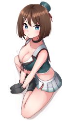Rule 34 | 1girl, beret, black gloves, blue eyes, breasts, brown hair, cleavage, commentary request, full body, gloves, hair ornament, hairclip, hat, hat ribbon, headgear, highres, indian style, kantai collection, large breasts, looking at viewer, maya (kancolle), maya kai ni (kancolle), midriff, mini hat, pleated skirt, red ribbon, ribbon, school uniform, serafuku, short hair, simple background, sitting, skirt, sleeveless, solo, tiemu (man190), white background, white skirt, x hair ornament