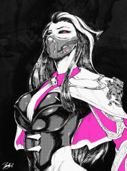 Rule 34 | 1girl, absurdres, black background, black sclera, breasts, collared shirt, colored sclera, highres, large breasts, league of legends, long hair, long sleeves, looking at viewer, mask, monochrome, mouth mask, multicolored hair, necktie, pink eyes, pink shirt, renata glasc, renata glasc, shirt, signature, solo, spot color, two-sided capelet, two-tone hair, upper body, yomz (sayomphu 2010)