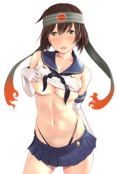 Rule 34 | 1girl, :o, bare shoulders, black panties, blush, breasts, brown eyes, brown hair, bursting breasts, cleavage, clothes lift, collarbone, contrapposto, cosplay, cowboy shot, crop top, elbow gloves, female focus, gloves, headband, highleg, highleg panties, highres, hiryuu (kancolle), kantai collection, large breasts, looking at viewer, midriff, miniskirt, navel, nose blush, open mouth, panties, pleated skirt, sailor collar, school uniform, serafuku, shimakaze (kancolle), shimakaze (kancolle) (cosplay), shirt, shirt lift, short hair, simple background, skindentation, skirt, sleeveless, sleeveless shirt, solo, standing, stomach, string panties, underboob, undersized clothes, underwear, wa (genryusui), white background, white gloves