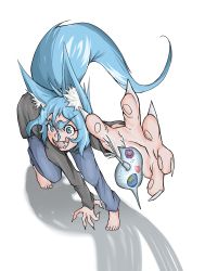 Rule 34 | 1girl, absurdres, all fours, amoeba, animal ears, barefoot, blue eyes, blue hair, blue pants, bright pupils, commentary request, doitsuken, fingernails, foreshortening, fox ears, fox girl, fox tail, grey shirt, heart, highres, licking lips, long sleeves, open mouth, original, pants, sharp fingernails, shirt, simple background, solo, tail, toenails, tongue, tongue out, white background, wide-eyed