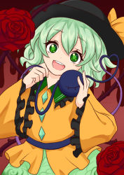 Rule 34 | 1girl, :d, floral print, flower, green eyes, hair between eyes, hat, heart, heart of string, highres, komeiji koishi, light green hair, looking at viewer, natsuring0, open mouth, red background, red flower, red rose, rose, short hair, simple background, smile, solo, teeth, third eye, touhou, upper body, upper teeth only, wide sleeves