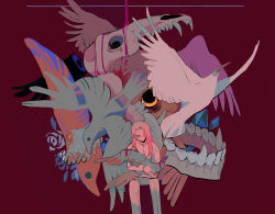 Rule 34 | 1boy, animal, animal skull, bird, blood, chinese commentary, commentary request, full body, hands up, hatsutori hajime, holding, holding animal, holding bird, jacket, long hair, long sleeves, looking at viewer, male focus, pants, pink hair, red background, red eyes, saibou shinkyoku, simple background, sitting, solo, yulei yuuuuu