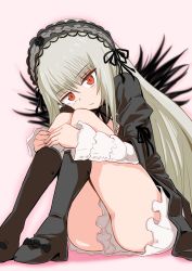 Rule 34 | 1girl, ass, boots, closed mouth, cougar (cougar1404), dress, gothic lolita, hairband, lolita fashion, lolita hairband, long hair, looking at viewer, red eyes, rozen maiden, silver hair, simple background, solo, suigintou, thigh boots, thighhighs
