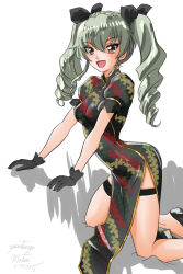 Rule 34 | 1girl, anchovy (girls und panzer), arm support, artist name, bare legs, breasts, china dress, chinese clothes, collarbone, dress, drill hair, girls und panzer, grey hair, hair between eyes, kneeling, long hair, matsui yasutsugu, medium breasts, open mouth, red eyes, shiny skin, smile, solo, twin drills, twintails, very long hair