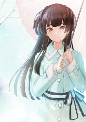 Rule 34 | 1girl, black hair, blunt bangs, blush, bow, breasts, brown eyes, closed mouth, coat, dot nose, dress bow, fran (yuliwei2012), fur-trimmed coat, fur-trimmed collar, fur-trimmed sleeves, fur trim, green coat, highres, holding, holding umbrella, idolmaster, idolmaster shiny colors, long hair, long sleeves, looking at viewer, mayuzumi fuyuko, medium breasts, outdoors, pink umbrella, polka dot, polka dot umbrella, smile, snowing, solo, tree, two side up, umbrella, upper body, winter
