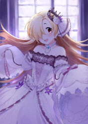 Rule 34 | 1girl, absurdres, alternate hair length, alternate hairstyle, asymmetrical bangs, backlighting, bare shoulders, blonde hair, blush, choker, commentary, crown, dorupi, dress, earrings, fang, flat chest, frilled choker, frilled dress, frills, hair over one eye, highres, idolmaster, idolmaster cinderella girls, jewelry, long bangs, looking at viewer, open mouth, outstretched arms, red eyes, shirasaka koume, sleeves past fingers, sleeves past wrists, solo, white choker, white dress, window, zombie pose