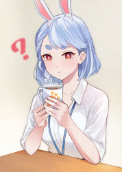Rule 34 | 1girl, ?, animal ears, beige background, blue hair, braid, breasts, bright pupils, coffee, coffee mug, cup, dress shirt, highres, holding, holding cup, hololive, id card, lanyard, looking at viewer, mature female, medium breasts, mug, nuebunny, office lady, pekomama, rabbit ears, rabbit girl, red eyes, shirt, short braid, side braid, sitting, solo, steam, table, virtual youtuber, white pupils, white shirt