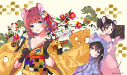 Rule 34 | 3girls, :d, animal costume, animal ears, animal hood, arrow (projectile), bamboo, beige background, bell, black gloves, black hair, blue eyes, branch, brown hair, brown kimono, checkered sash, cheese, chinese zodiac, commentary request, doukyuusei (hanekoto), ema, facial mark, flower, food, food-themed clothes, furisode, gloves, hair ornament, hamaya, hanekoto, head tilt, highres, holding, holding arrow, hood, hood down, hood up, imouto (hanekoto), japanese clothes, jingle bell, kadomatsu, kanzashi, kimono, long sleeves, looking at viewer, mouse costume, mouse ears, mouse hood, multiple girls, new year, obi, open mouth, original, osananajimi (hanekoto), osechi, parted lips, photoshop (medium), red eyes, red flower, sash, side ponytail, smile, tsumami kanzashi, twintails, twitter username, upper body, whisker markings, wide sleeves, year of the rat