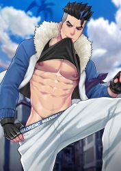 Rule 34 | 1boy, black shirt, blue eyes, blue hair, blue jacket, bruno bangnyfe, burn the witch, clothes lift, cloud, day, fingerless gloves, fur-trimmed jacket, fur trim, gloves, highres, jacket, knees up, looking at viewer, male focus, maorenc, multicolored hair, nipples, open clothes, open jacket, outdoors, pants, shirt, shirt lift, short hair, sky, solo, toned, toned male, undercut, white pants