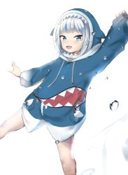 Rule 34 | 1girl, :d, animal hood, blue dress, blue eyes, blue hair, blue hoodie, blunt bangs, blush, commentary, drawstring, dress, english commentary, gawr gura, gawr gura (1st costume), highres, hololive, hololive english, hood, hood up, hoodie, leg up, long hoodie, long sleeves, looking at viewer, multicolored hair, naka (umomoko), open mouth, outstretched arms, shark hood, sharp teeth, simple background, smile, solo, standing, standing on one leg, streaked hair, teeth, two-tone hair, virtual youtuber, water drop, white background, white hair
