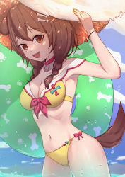 Rule 34 | 1girl, :d, animal ears, arm up, bare arms, bare shoulders, bikini, bone hair ornament, braid, breasts, brown eyes, brown hair, brown hat, cartoon bone, cleavage, collar, commentary, dog ears, dog girl, dog tail, dutch angle, hair ornament, hair over shoulder, hand on headwear, hat, highres, hololive, innertube, inugami korone, inugami korone (1st costume), long hair, looking at viewer, medium breasts, navel, open mouth, red collar, smile, solo, straw hat, swim ring, swimsuit, symbol-only commentary, tail, teeth, twin braids, uneg, upper teeth only, virtual youtuber, yellow bikini
