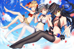 Rule 34 | 3girls, :d, ;d, ^ ^, bare arms, bare shoulders, barefoot, bikini, bikini skirt, bison cangshu, black bikini, black bow, black hair, black hat, black legwear, black ribbon, blonde hair, blush, bow, breasts, bridal garter, brown bikini, cleavage, closed eyes, cloud, collarbone, day, drill hair, flying, foreshortening, frills, full body, hair bow, hair ribbon, hat, holding hands, ida brooke, interlocked fingers, large breasts, legs apart, legs together, long hair, looking at viewer, maid headdress, medium breasts, multiple girls, navel, one eye closed, open mouth, outstretched arms, panther ausf a (panzer waltz), panzer waltz, peaked cap, petals, red bow, red eyes, ribbon, short hair, silver hair, smile, spread fingers, stomach, swimsuit, thighhighs, twin drills, twintails, very long hair, white bikini, white legwear, yellow eyes, zoe sherman