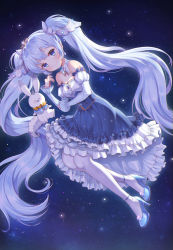 Rule 34 | 1girl, :3, absurdres, bad id, bad pixiv id, blue dress, blue eyes, blue footwear, blue hair, blush, detached sleeves, dress, earrings, foreign blue, full body, hatsune miku, high heels, highres, huge filesize, jewelry, long hair, looking at viewer, musical note, nail polish, night, pantyhose, pumps, rabbit, ring, sidelocks, sky, smile, star (sky), star (symbol), starry background, starry sky, tiara, twintails, very long hair, vocaloid, white pantyhose, yuki miku, yukine (vocaloid)